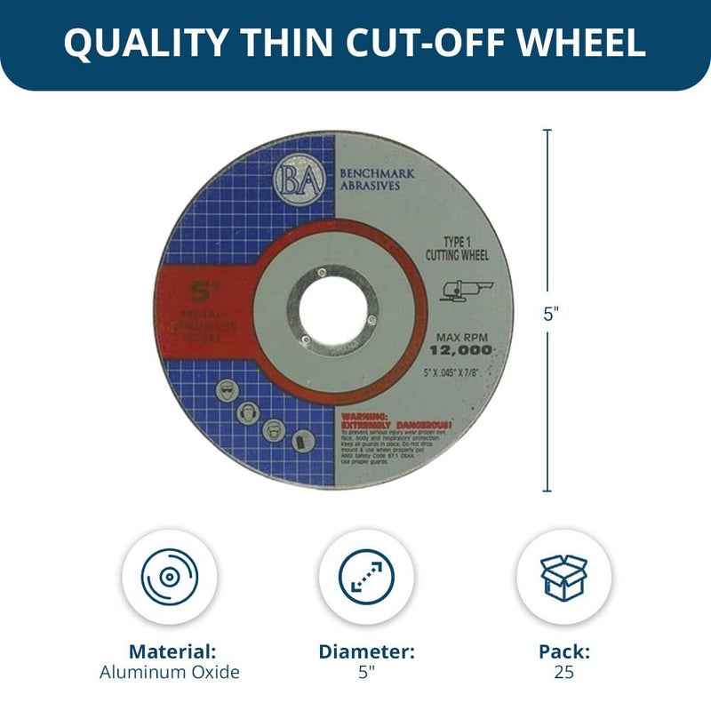 Benchmark Abrasives 5 Inch Aluminum Oxide Self Sharpening Grinder Cut Off Wheels for Meta and Steel, .045" Thick 7/8" Arbor, Angle Grinder Cutting Disc, Type 1 Thin Grinding Cutting Wheel - 25 Pack - Image 2